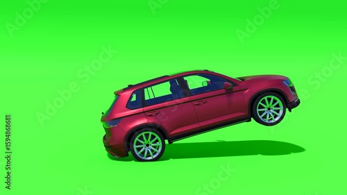 Dynamic red car jumping on a green screen. Suitable for automotive advertisements, action scenes, or visual effects requiring custom backgrounds. Ideal for compositing.