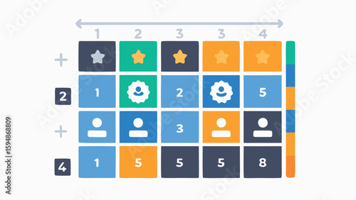 A colorful grid of squares with icons and numbers arranged in rows and columns on a white background