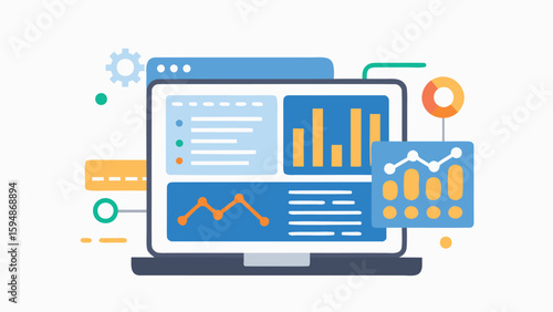 Illustration of a dashboard interface on a laptop with charts and data visualizations displayed clearly