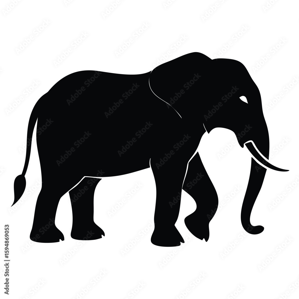 Fototapeta premium Silhouette of a majestic African elephant walking with its trunk curled, showcasing its powerful form against a stark white background. ideal for wildlife conservation campaigns, African heritage 