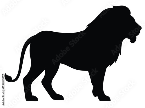 Majestic silhouette of a powerful African male lion standing proudly with a full mane against a white background. ideal for wildlife conservation campaigns, African heritage branding, educational mate