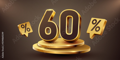 60 percent with podium. Sale, discount or bonus concept. Vector illustration