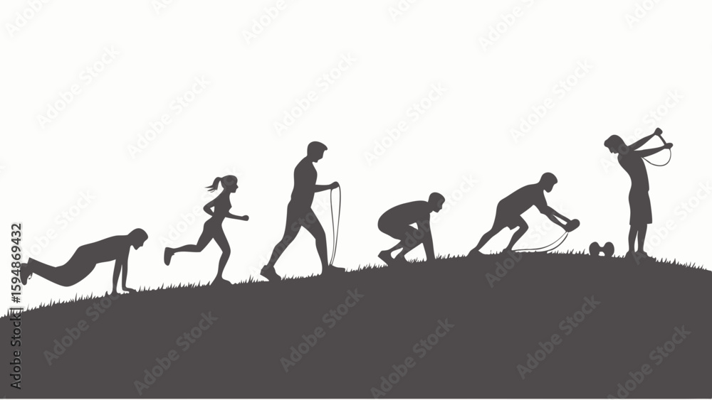 Obraz premium Black and white silhouettes of people doing various fitness exercises on a hill, showing a progression of workouts with equipment like jump ropes and dumbbells.