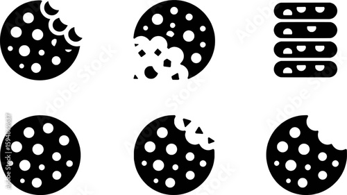 Round cookies with white dots and bite marks stacked cookies vector