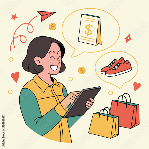 Happy Woman Shopping Online with Tablet Comparing Prices and Buying Shoes