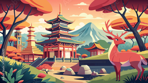 Nara, Japan – Sacred deer roam serene temple grounds surrounded by maples and history. This peaceful city offers soft tones and cultural grace for vector scenes.


