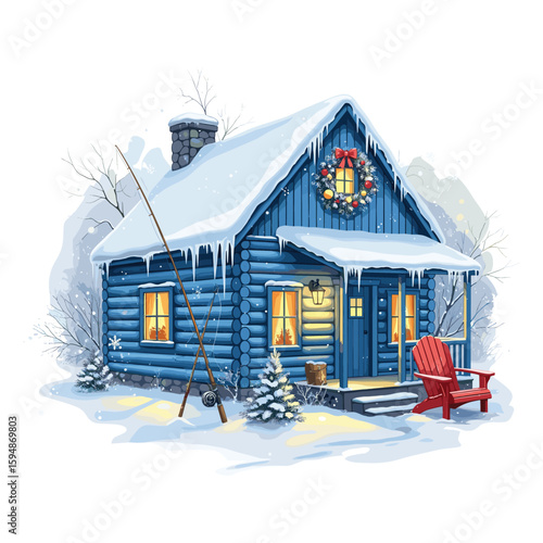 Winter Cabin Fishing Watercolor Sublimation