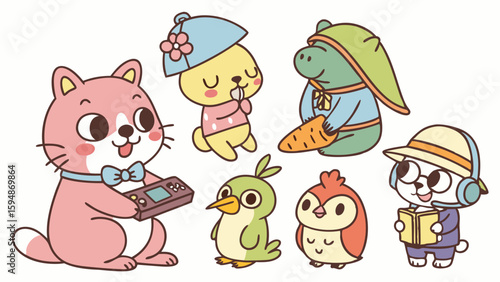 Adorable kawaii style cartoon illustration featuring a pink cat playing video games, a rabbit reading, a hippo with a carrot, and other cute animal characters.