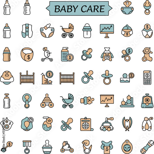 Baby care icons with bottles diapers pacifiers cribs and strollers baby bottle feeding bottle