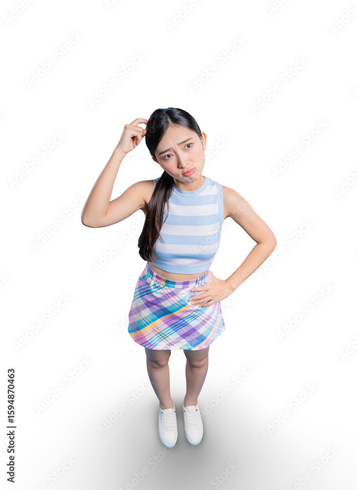 A young Asian woman from a high-angle perspective, scratching her head with a confused and doubtful expression.on png A young Asian woman from a high-angle perspective, scratching her head with a confused and doubtful expression.on png