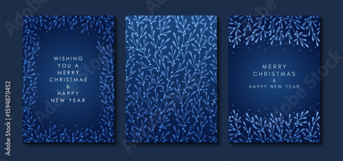 Merry Christmas and New Year cards and invitations, happy holidays. Set of cards with branches and berries. Christmas vector pattern. Modern universal templates.