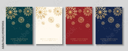 Merry Christmas and Happy New Year! Luxury brochure covers, golden snowflakes, cards, greetings, posters, holiday vector illustrations set.