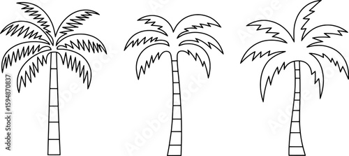 Three stylized palm trees with jagged leaves and segmented trunks tropical nature