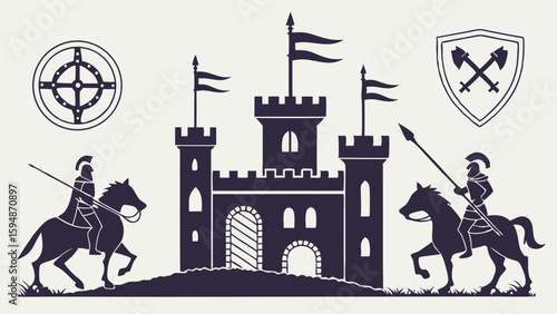 Ancient vintage medieval castle and knights silhouette vector set. Monochrome historical fantasy icons with heraldic shields, crossed axes, and target designs.