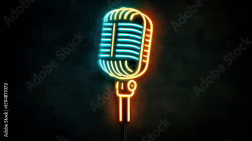 Neon microphone sign on dark wall for music podcast and entertainment themes