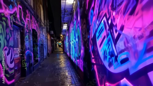 Neon Graffiti Alley: Urban Art, Vibrant Colors, and Nighttime Exploration