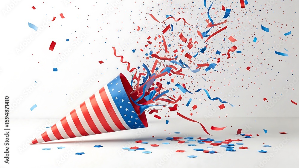 Obraz premium american patriotic celebration cone with USA-themed red blue confetti explosion