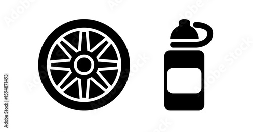Simple Black Icon Set: Wheel and Water Bottle, Fitness, Sport, Minimalist Style