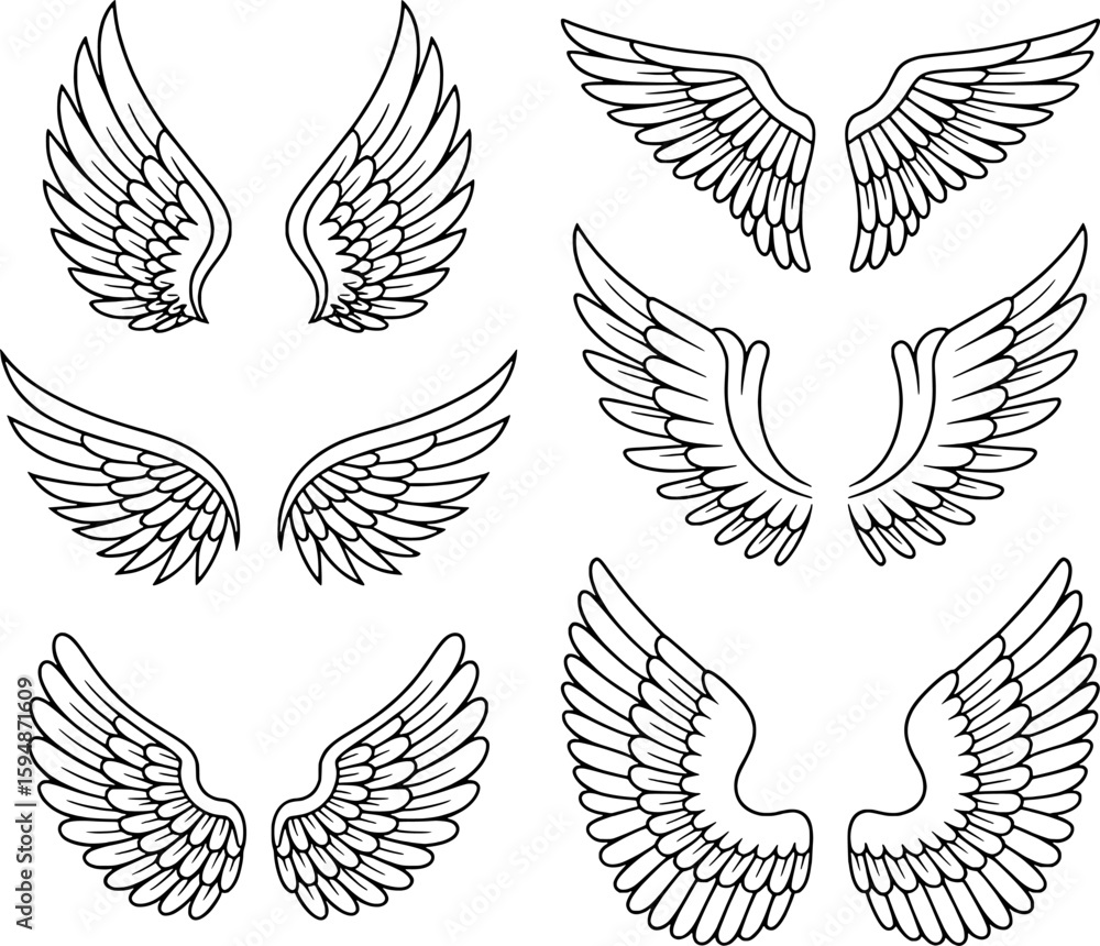 Obraz premium Various stylized wings in black outline on white background angel feather