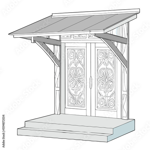 Ornate wood carved double doors with gray sloped roof carport vector