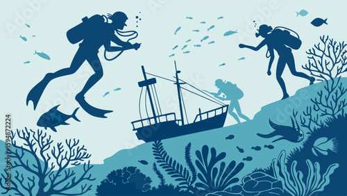 Monochromatic blue silhouette vector art of scuba divers exploring a sunken shipwreck, vibrant coral reef, and diverse marine life underwater.