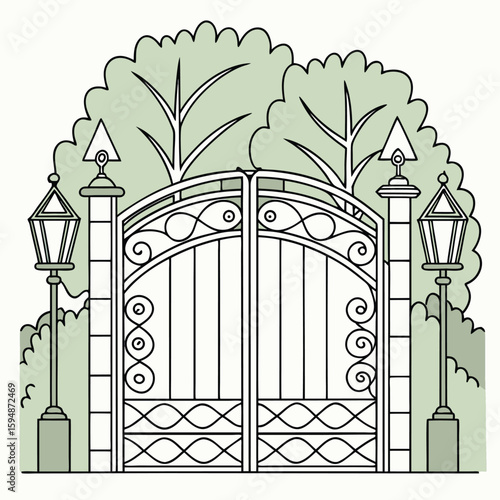 Ornate wrought iron gate with flanking lanterns and foliage ornate design decorative