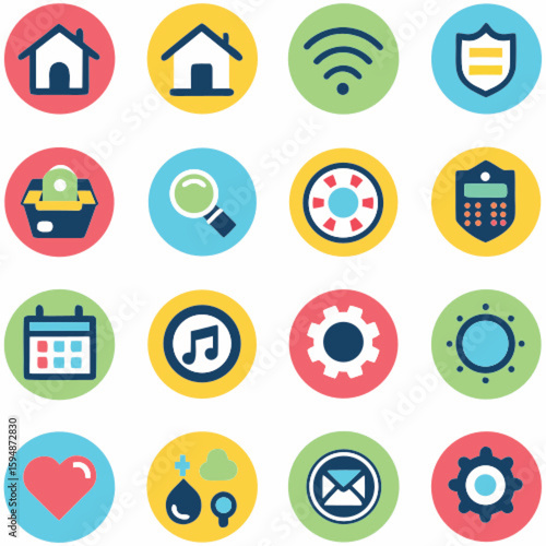 Colorful Flat UI Icon Set – Tools, Web, and Multimedia Symbols