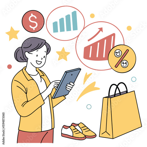 Woman Shopping Online with Tablet Analyzing Sales Growth and Discount Offers