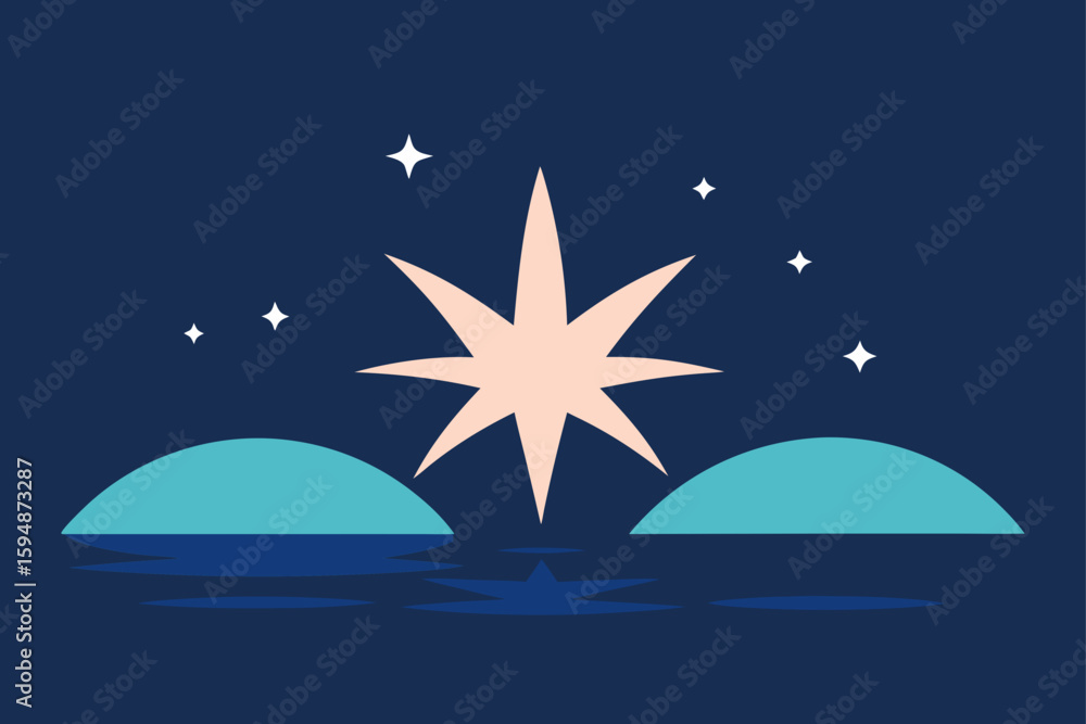 Obraz premium vector illustration of a night landscape with a boat
