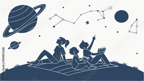 Family stargazing at night. Parents and children learning about space, planets, constellations. Outdoor astronomy education.