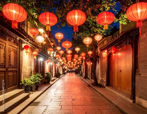 Wallpaper Mural Traditional chinese street illuminated by red lanterns at night Torontodigital.ca