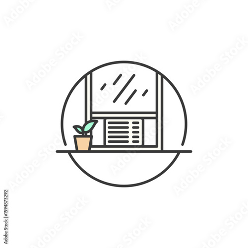 Window AC icon with mounted unit and leafy detail; depicts space-saving cooling, energy-conscious ventilation, and direct airflow for compact indoor climate systems