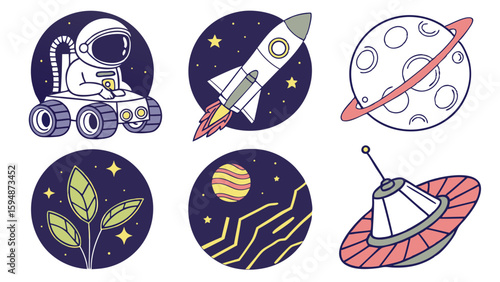 Cute space icons set with astronaut, rocket, planet, and UFO. Cartoon cosmic elements for science, exploration, and future design.