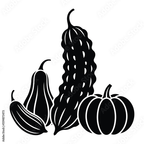 Black silhouette of assorted gourds and vegetables on white background squash pumpkin