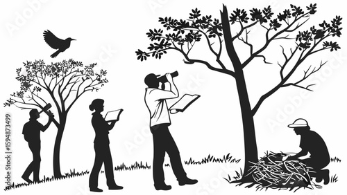 Nature research team. Environmental scientists studying wildlife, birds, and trees. Ecology, conservation, outdoor field study.