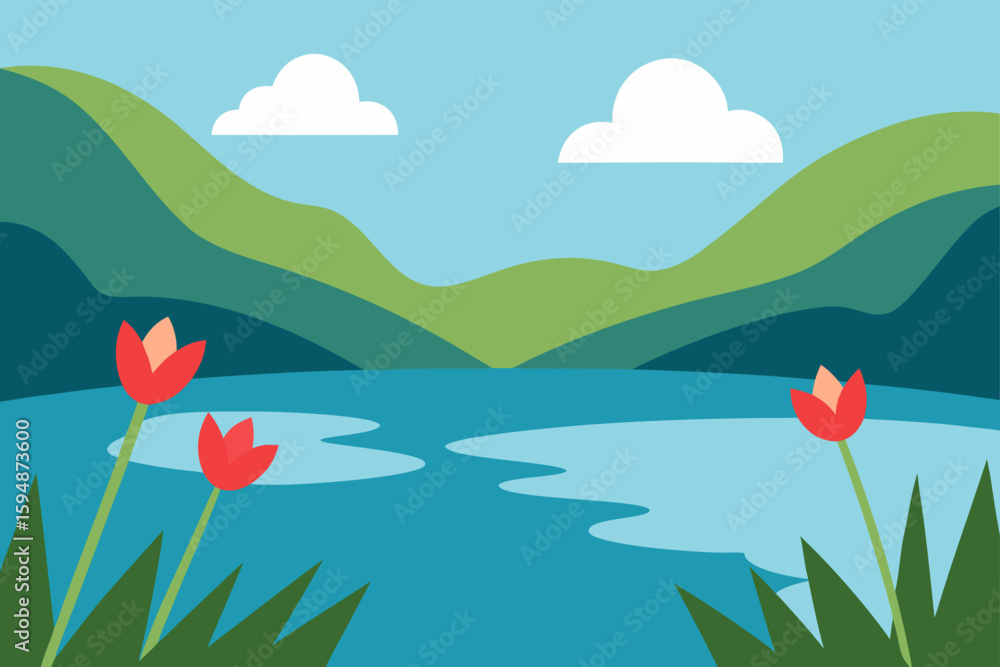 Fototapeta premium Spring landscape with a field of flowers and green grass under a blue sky with clouds