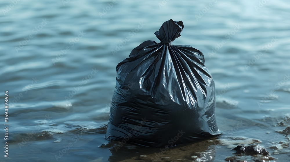 Fototapeta premium A black plastic garbage bag full of waste is lying on the sandy shore near ocean water pollution scene.