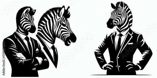 A Zebra full body wear business suit angry. Corporate Enterprise Entrepreneurship Management Finance Clipart Line Art Vector Illustration. An irate striped equine donning formal attire.