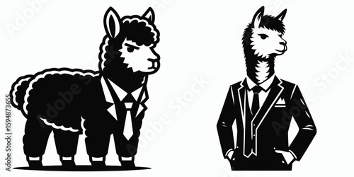 A Alpaca full body wear business suit angry. Corporate Enterprise Entrepreneurship Management Finance Clipart Line Art Vector Illustration. in formal work garment showing displeasure.