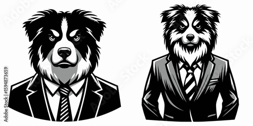 A Australian Shepherd Dog full body wear business suit angry. Corporate Enterprise Entrepreneurship Management Finance Clipart Line Art Vector Illustration. Blue merle complete formal attire.