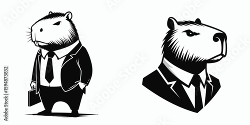 A capybara full body wear business suit angry. Corporate Enterprise Entrepreneurship Management Finance Clipart Line Art Vector Illustration. Large rodent total attire office clothing upset.