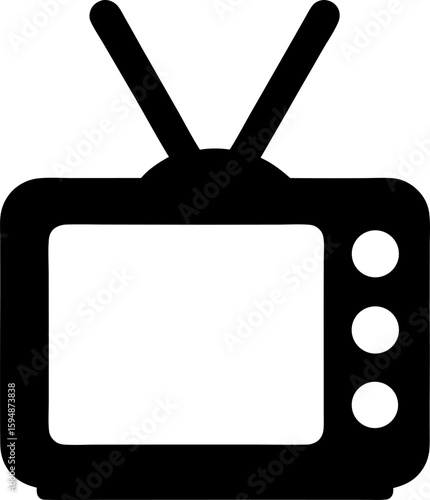 A simple black and white illustration of a retro television set with antenna design icon