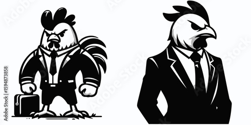 A Chicken full body wear business suit angry. Corporate Enterprise Entrepreneurship Management Finance Clipart Line Art Vector Illustration. Fowl in work attire feeling annoyance. bird.
