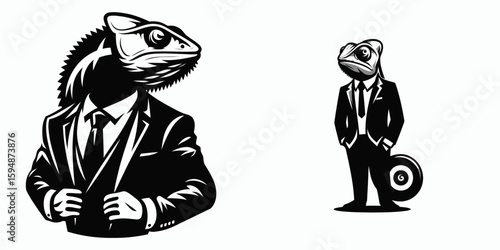 A Chameleon full body wear business suit angry. Corporate Enterprise Entrepreneurship Management Finance Clipart Line Art Vector Illustration. Lizard in attire feeling mad reptile whole.