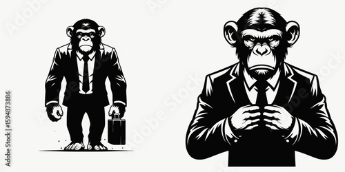 A Chimpanzee full body wear business suit angry. Corporate Enterprise Entrepreneurship Management Finance Clipart Line Art Vector Illustration. Ape in formal attire showing annoyance.
