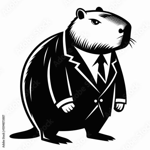 A capybara full body wear business suit angry. Corporate Enterprise Entrepreneurship Management Finance Clipart Line Art Vector Illustration. Rodent formal attire complete irate expression.