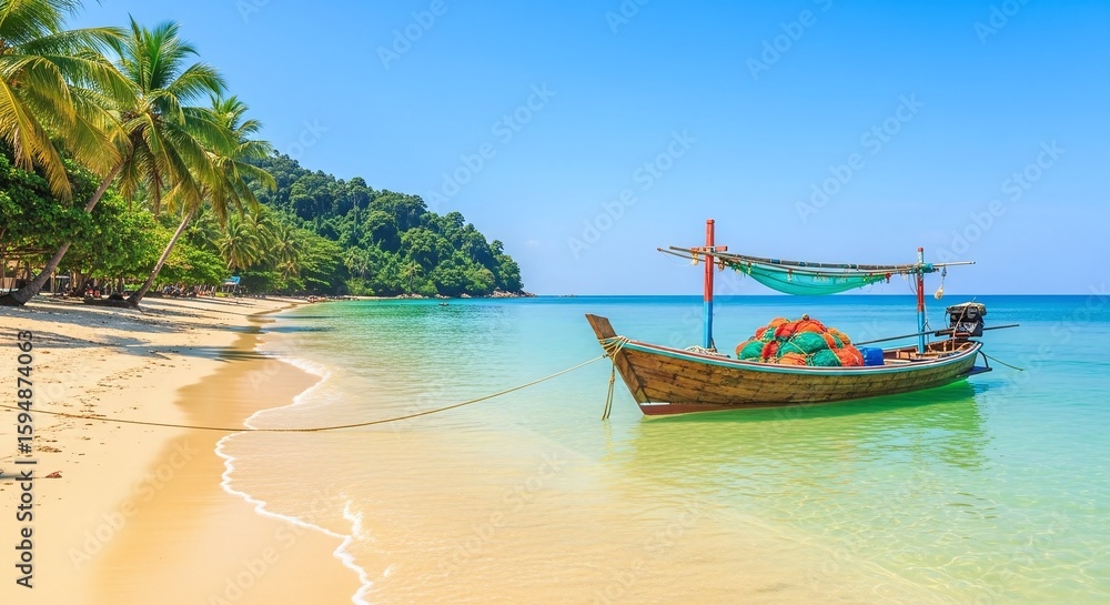 Obraz premium A vibrant longtail boat rests on a tropical Thai beach, its turquoise waters meeting the golden sand under a summer sky, inviting travel to this island paradise