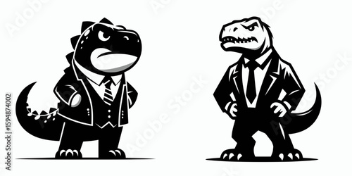 A Dinosaur full body wear business suit angry. Corporate Enterprise Entrepreneurship Management Finance Clipart Line Art Vector Illustration. Prehistoric reptile costume formal garment irate.