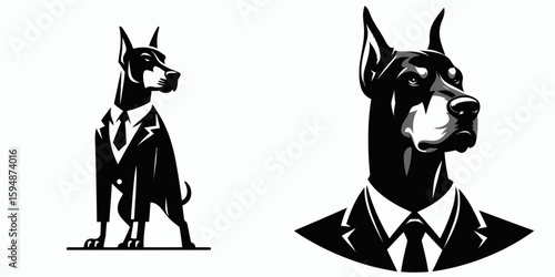 A Doberman Pinscher Dog full body wear business suit angry. Corporate Enterprise Entrepreneurship Management Finance Clipart Line Art Vector Illustration. canine whole physique attire.