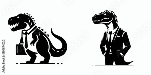 A Dinosaur full body wear business suit angry. Corporate Enterprise Entrepreneurship Management Finance Clipart Line Art Vector Illustration. Reptile adult outfit formal attire cross irate.